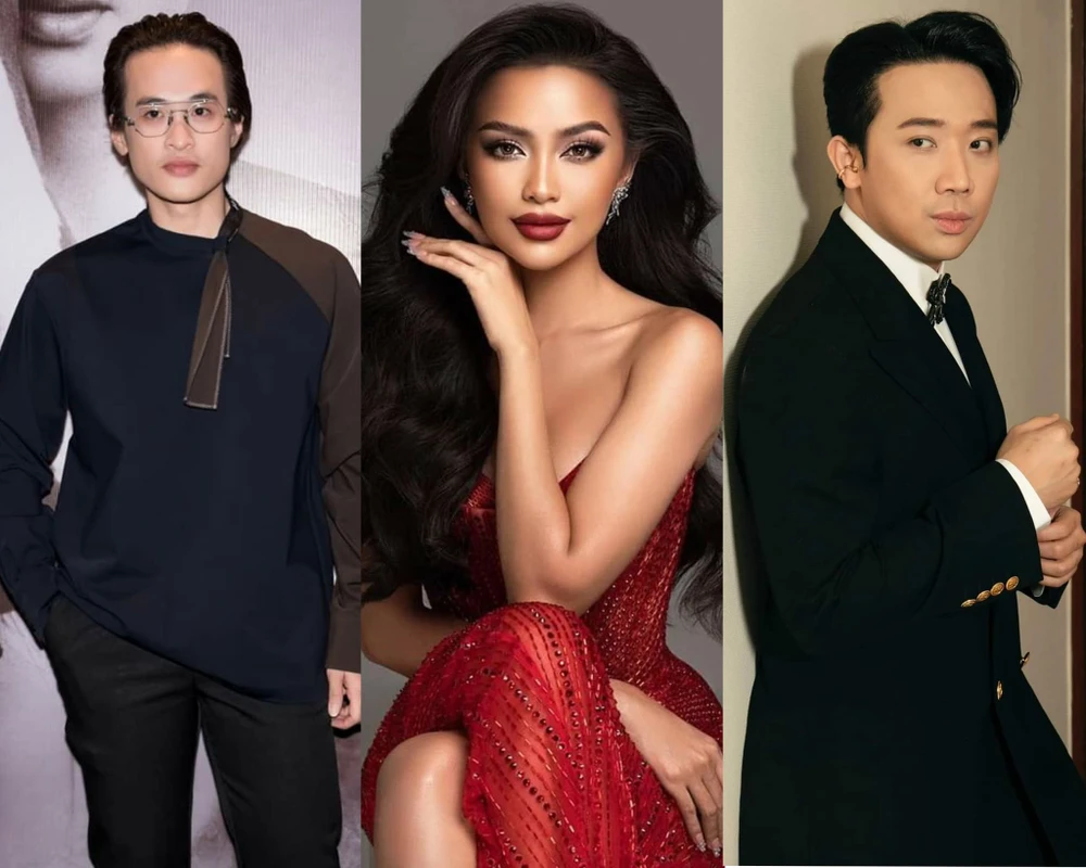 Từ trái sang: Ca sĩ Hà Anh Tuấn, Hoa hậu Ngọc Châu và MC Trấn Thành. Ảnh: FBNV