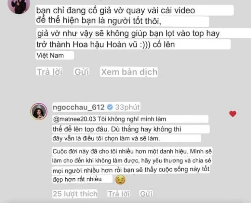 Hoa hậu Ngọc Châu đáp trả antifan. Ảnh: Chụp màn hình.