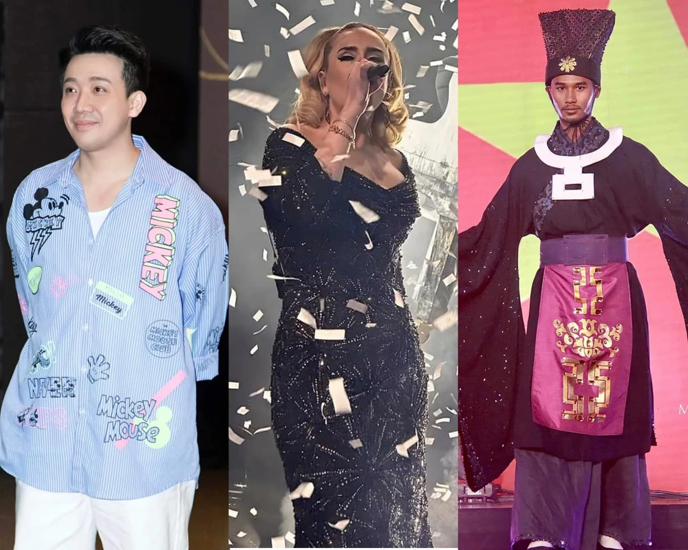 Từ trái sang: Trấn Thành, "Hoạ mi nước Anh" Adeleb và trang phục dân tộc của Thạch Kiêm Mara. Ảnh: FBNV, Missosology