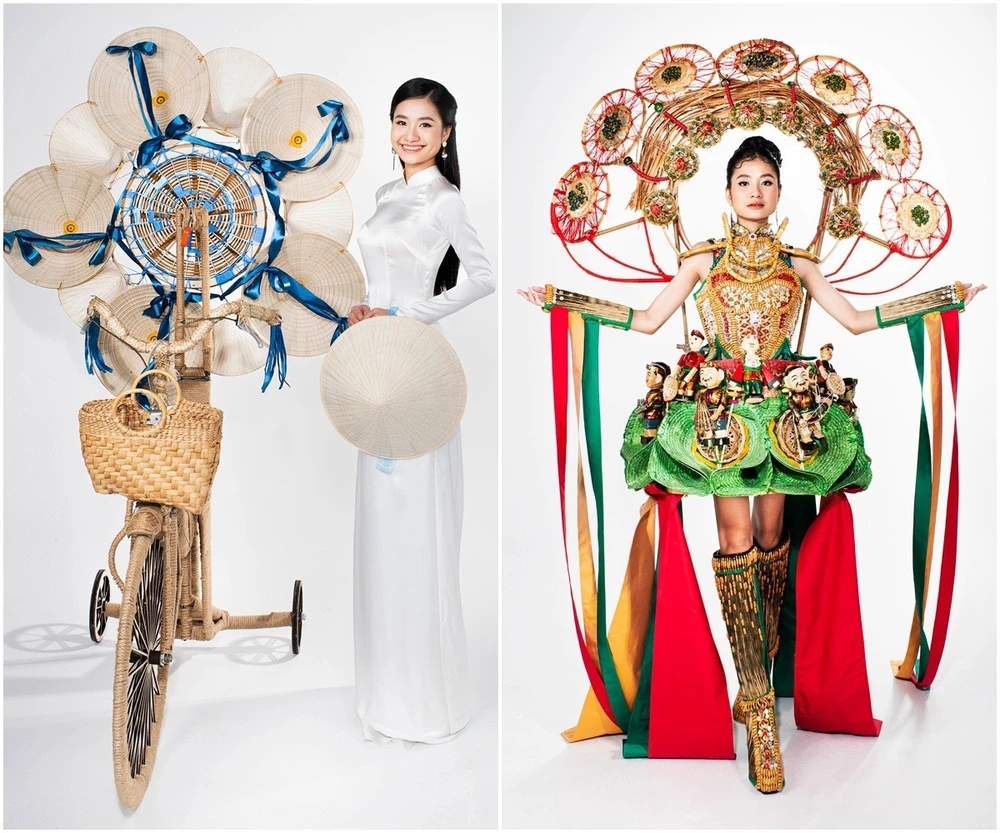 Thanh Hà trong trang phục dân tộc và trang phục môi trường. Ảnh: FBNV