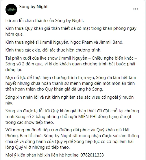 Lời xin lỗi của đơn vị tổ chức được đăng tải trên Fanpage. Ảnh: Chụp màn hình