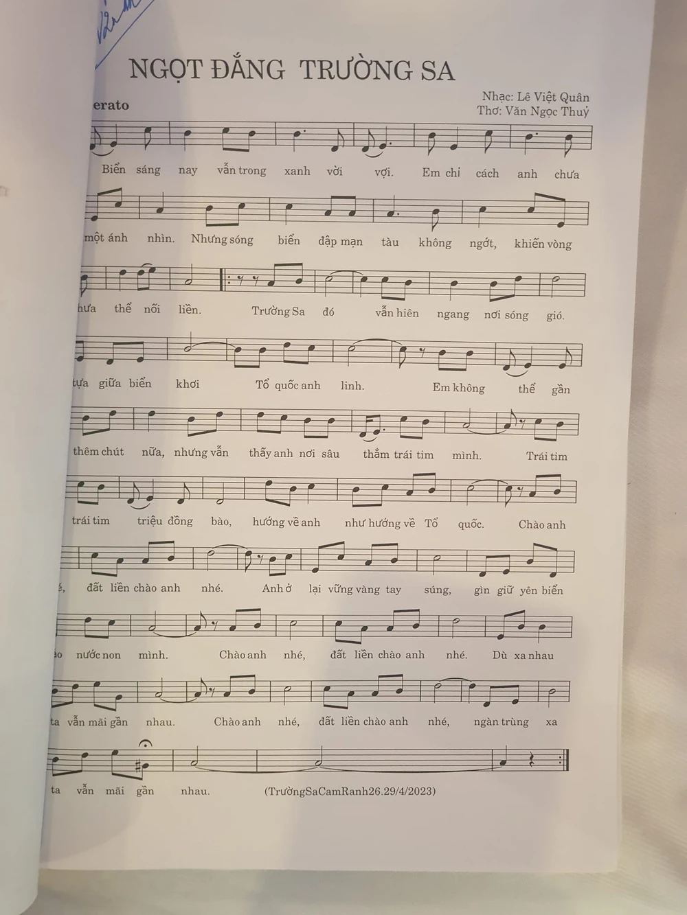 Trong chuyến đi lần này ông đã sáng tác ca khúc mới mang tên “Ngọt đắng Trường Sa” (hoàn thành vào ngày 29-4).