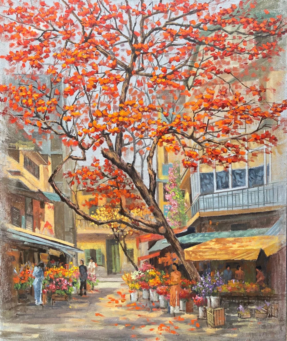 Tác phẩm phong cảnh "Phố Hà Nội rực rỡ sắc đỏ" của họa sĩ Quách Chiến Thắng Tác phẩm phong cảnh "Phố Hà Nội rực rỡ sắc đỏ" của họa sĩ Quách Chiến Thắng