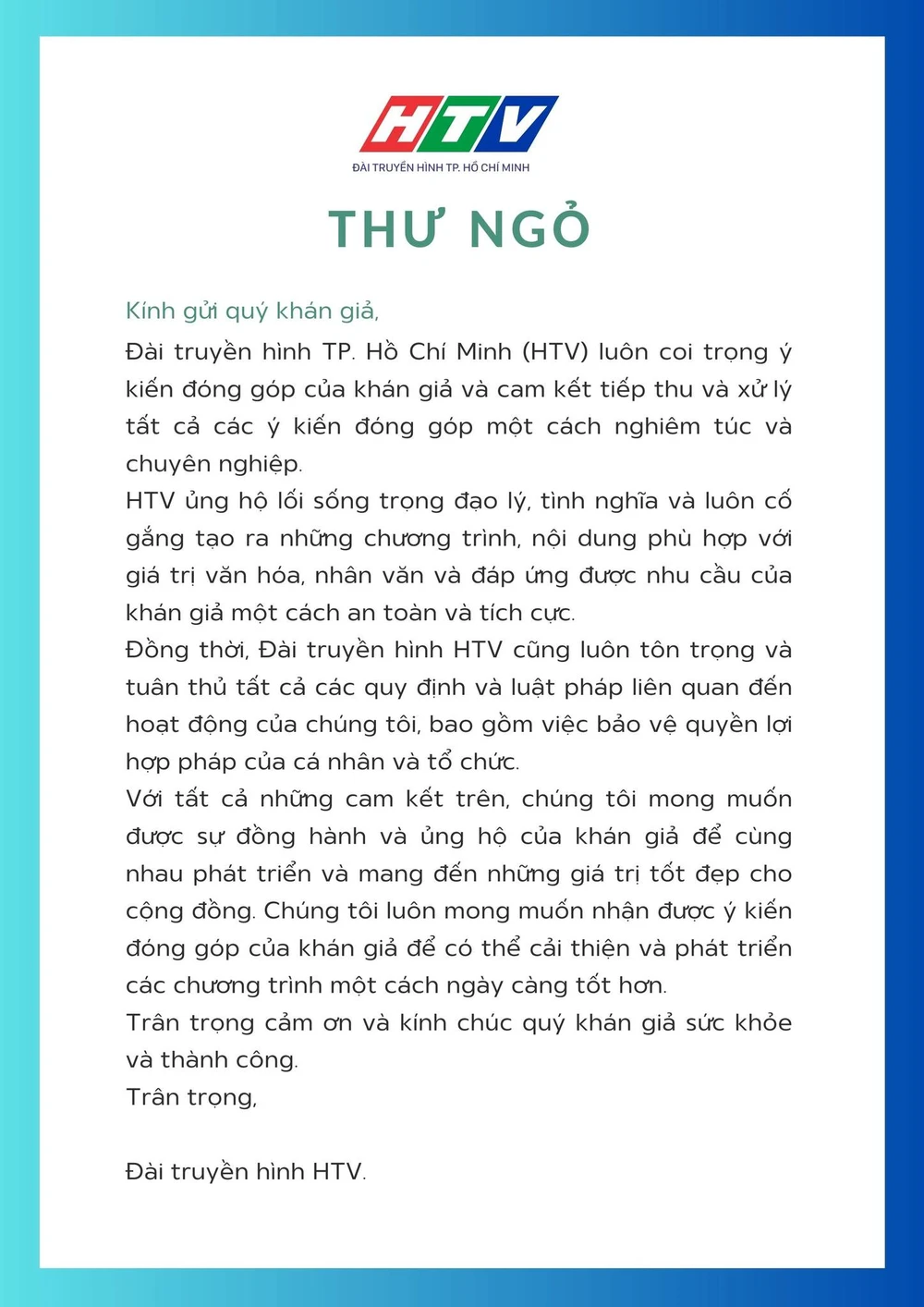 Thư ngỏ của HTV được đăng tải trên Fanpage. Ảnh: HTV - Đài truyền hình TP.HCM