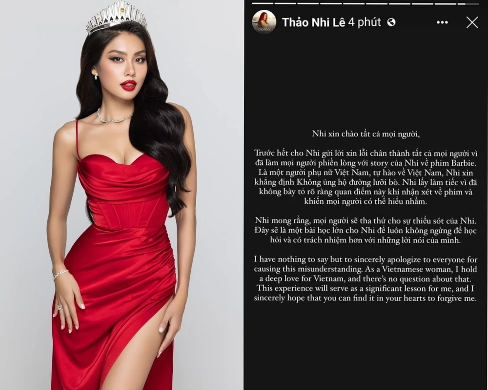 Á hậu Lê Thảo Nhi đăng tải lời xin lỗi trên story Instagram. Ảnh: Chụp màn hình