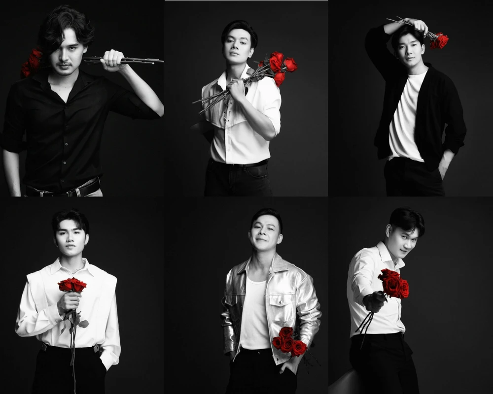 Từ trái sang: Lê Hoàng Giang, Đông Hải, Trương Hạ, Mạnh Hùng, Mai Thanh Tú, Công Dũng. Ảnh: Fanpage sân khấu Thiên Đăng