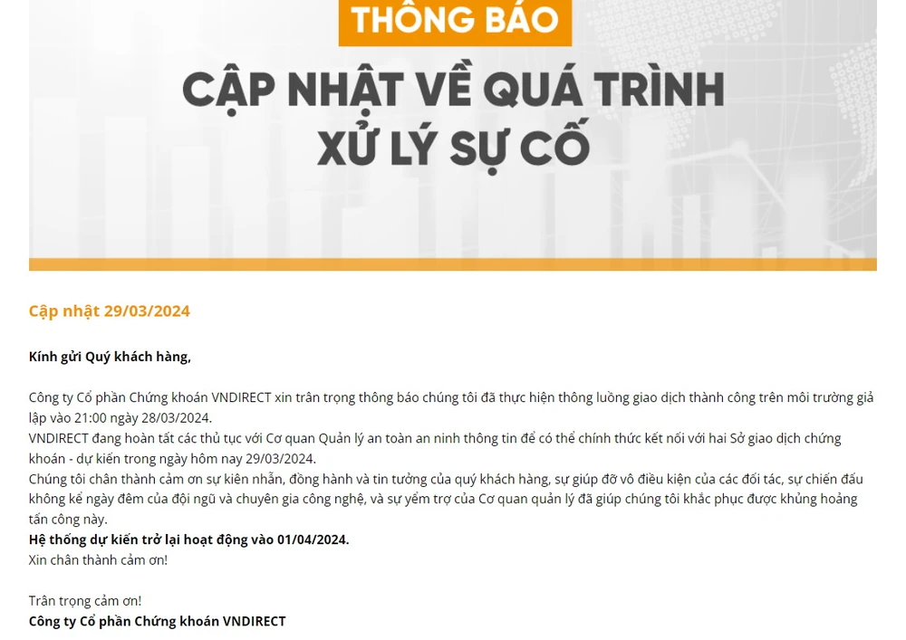 Chứng khoán VNDirect công bố ngày giao dịch trở lại sau sự cố sập hệ thống