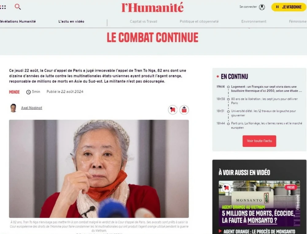 Dư luận Pháp ủng hộ bà Trần Tố Nga trong vụ kiện kiện 14 tập đoàn hóa chất Mỹ