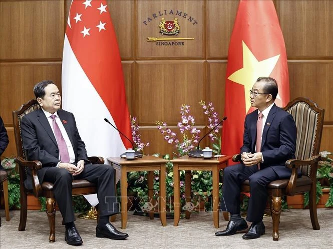 Chủ tịch Quốc hội Trần Thanh Mẫn hội đàm với Chủ tịch Quốc hội Singapore Seah Kian Peng. Ảnh: TTXVN