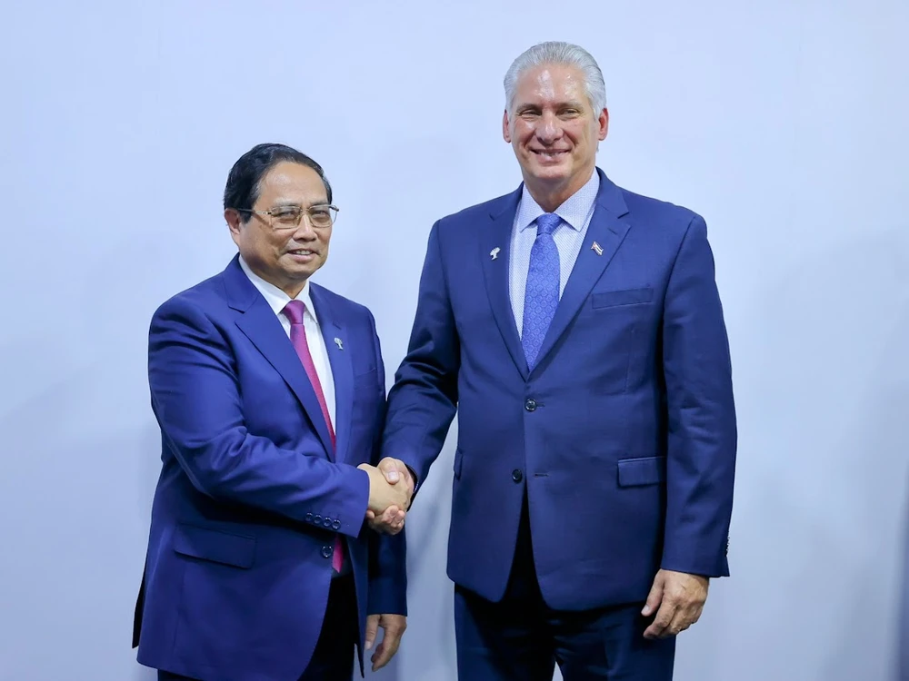 Thủ tướng Chính phủ Phạm Minh Chính hội kiến với Bí thư thứ nhất, Chủ tịch nước Cuba Miguel Diaz Canel. Ảnh: VGP