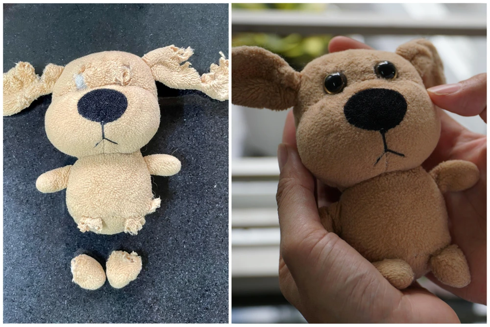 Một bé gấu lâu năm bị các “vết thương” khá nghiêm trọng, được chị Chi tu sửa, làm đẹp không tì vết.