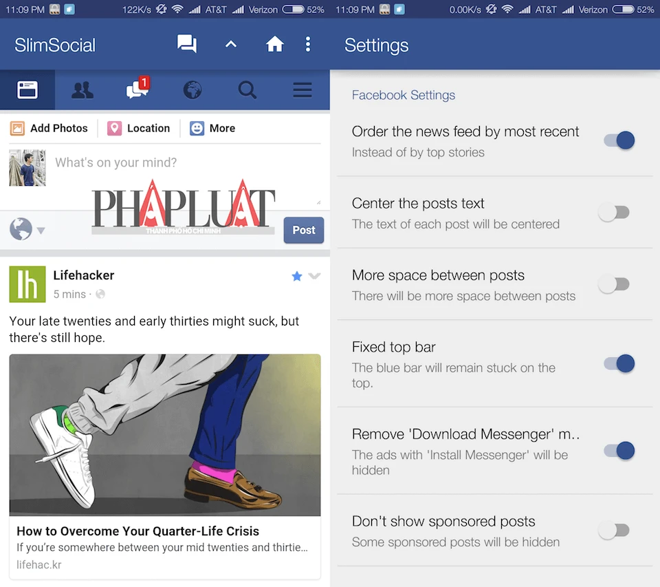SlimSocial có dung lượng khá nhẹ, tốc độ hiển thị thông tin nhanh
