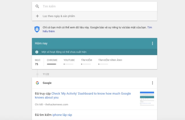 My Activity liệt kê đầy đủ các thông tin mà người dùng tìm kiếm