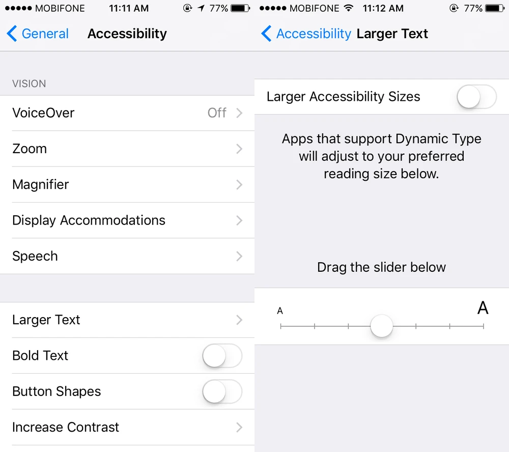 Tăng/giảm kích thước tùy chọn trong Settings