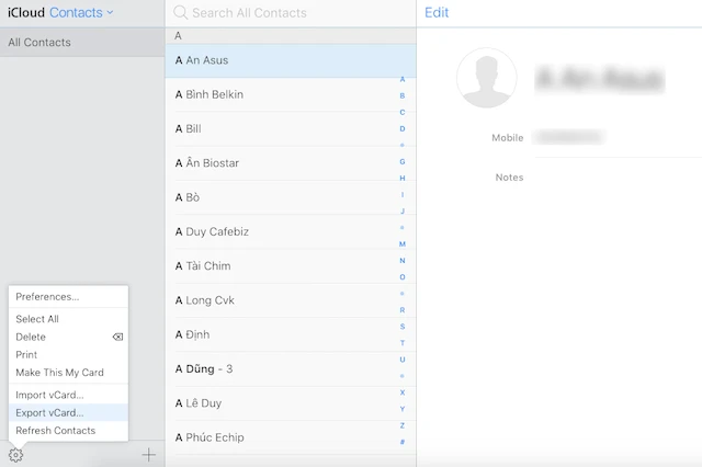 Xuất toàn bộ danh bạ ra file vCard