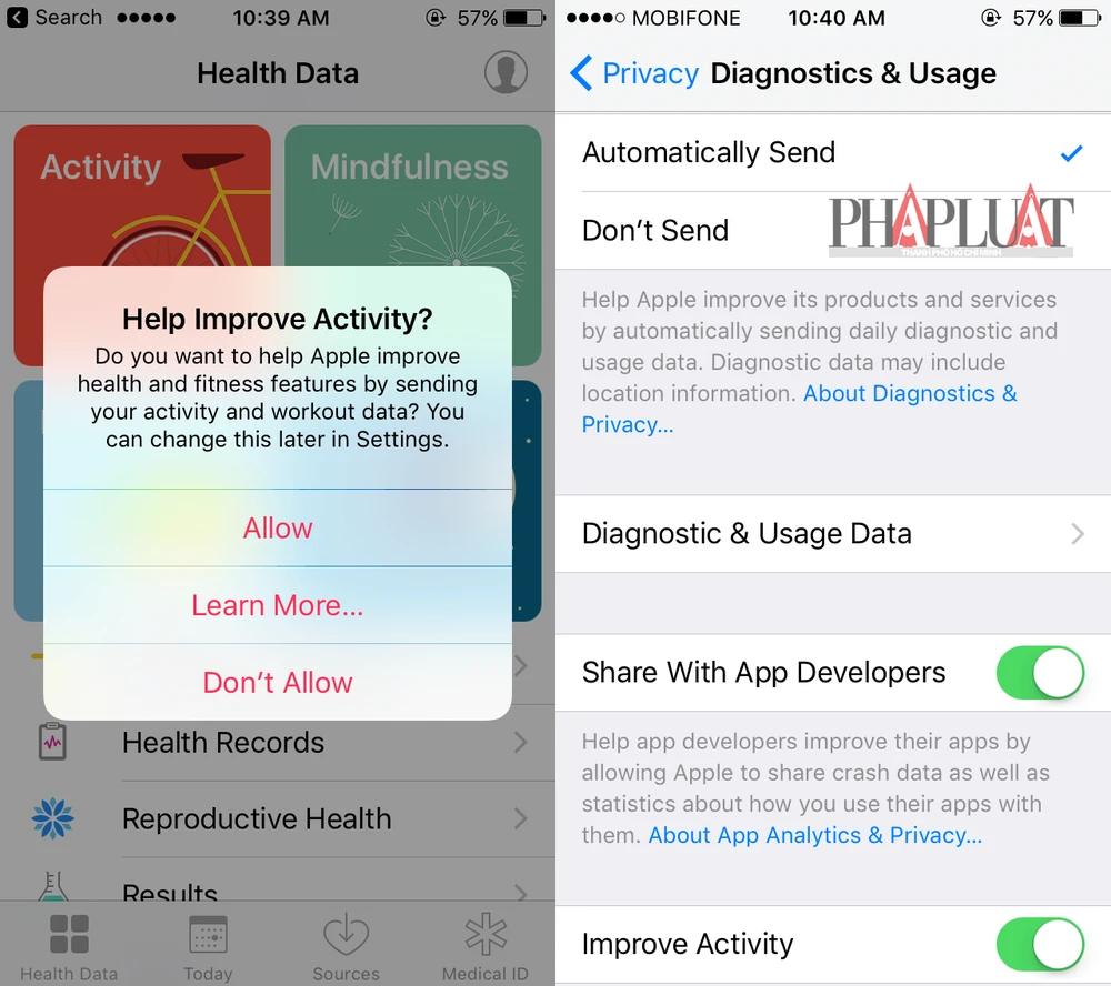 Gửi dữ liệu hoạt động về Apple để cải thiện sức khỏe