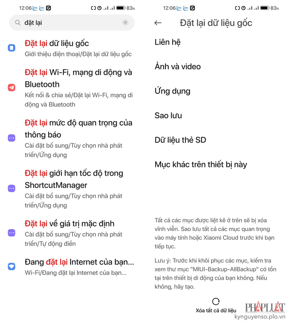 Khôi phục cài đặt gốc trên điện thoại. Ảnh: MINH HOÀNG