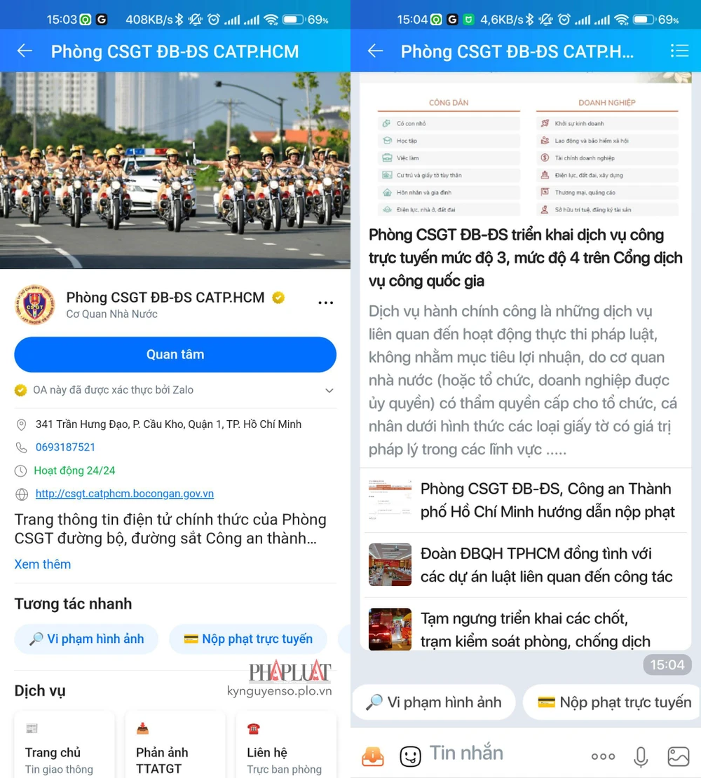 Quan tâm trang Zalo của Phòng CSGT Đường bộ - Đường sắt CA TP.HCM. Ảnh: MINH HOÀNG