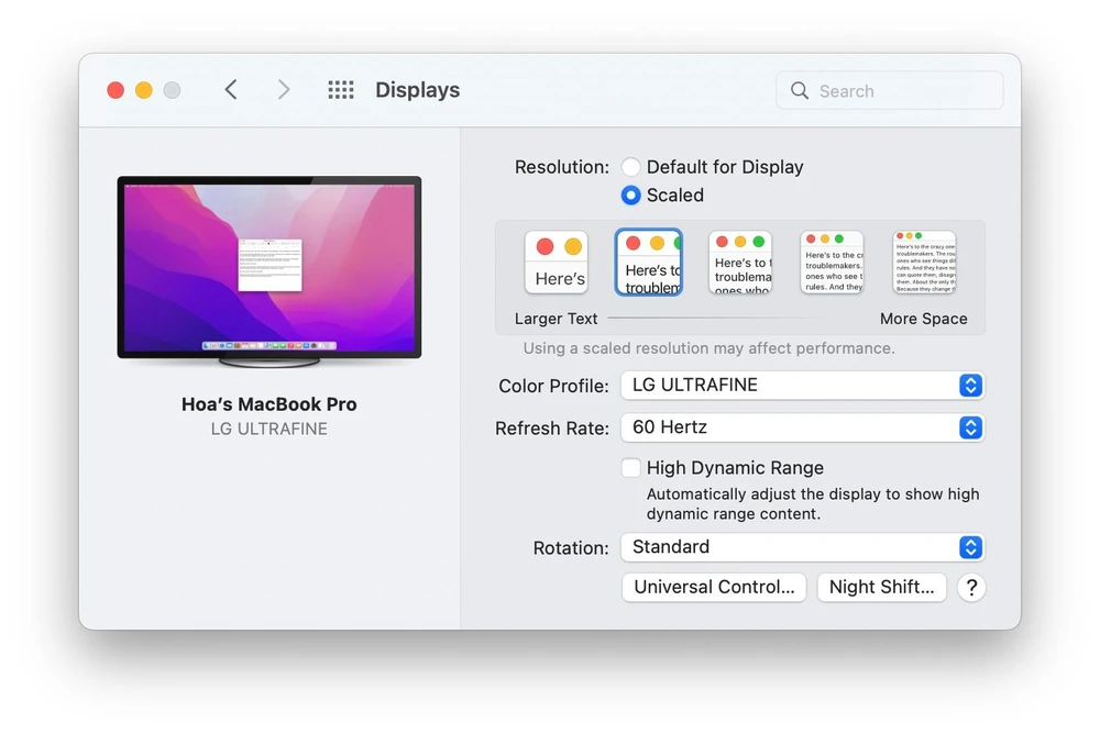 Kích hoạt Night Shift trên macOS. Ảnh: MINH HOÀNG