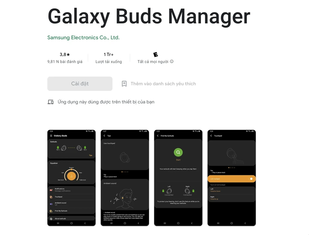 Ứng dụng quản lý tai nghe không dây của Samsung. Ảnh: TIỂU MINH
