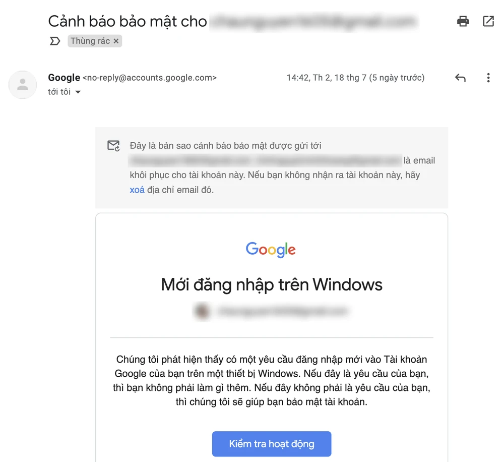 Google sẽ gửi cảnh báo nếu phát hiện ai đó cố gắng xâm nhập tài khoản. Ảnh: MINH HOÀNG