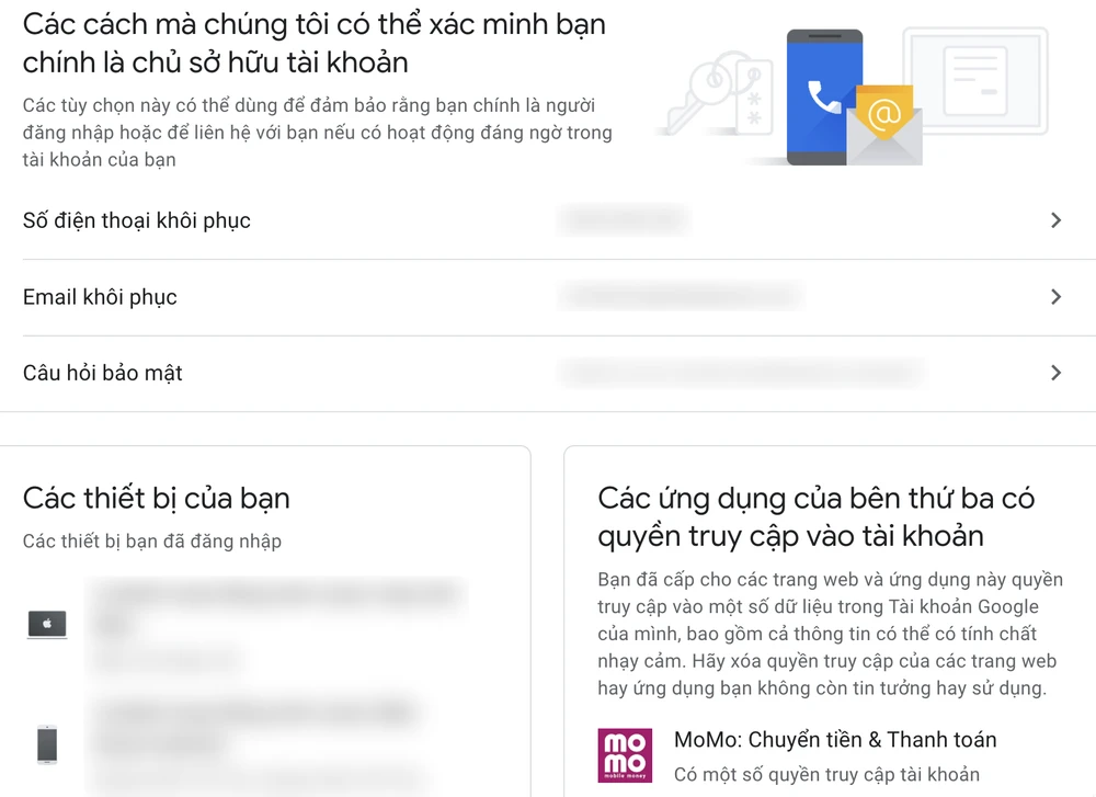 Kiểm soát các thiết bị đang đăng nhập và thông tin khôi phục tài khoản. Ảnh: MINH HOÀNG