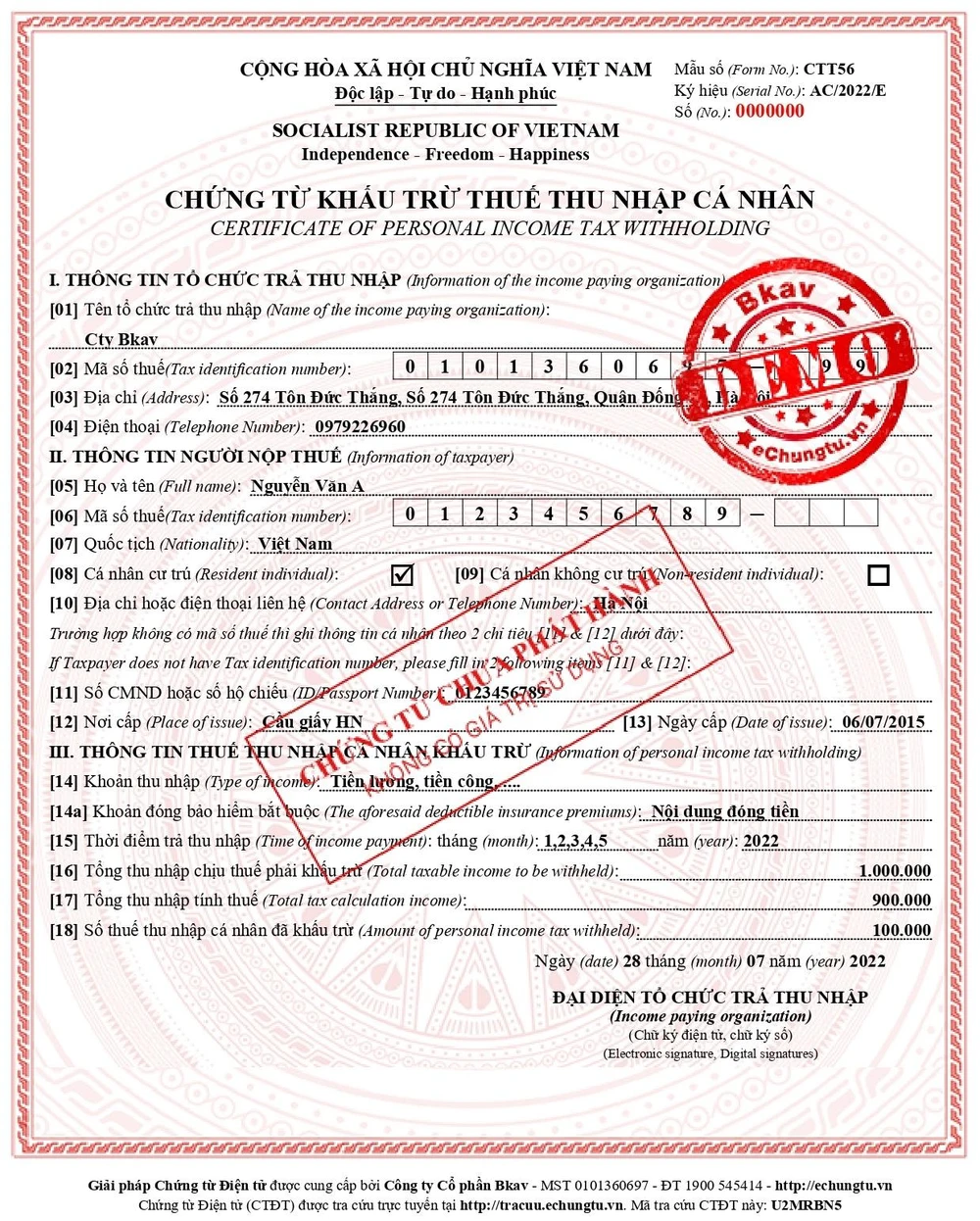 Hình ảnh chứng từ khấu trừ thuế TNCN điện tử