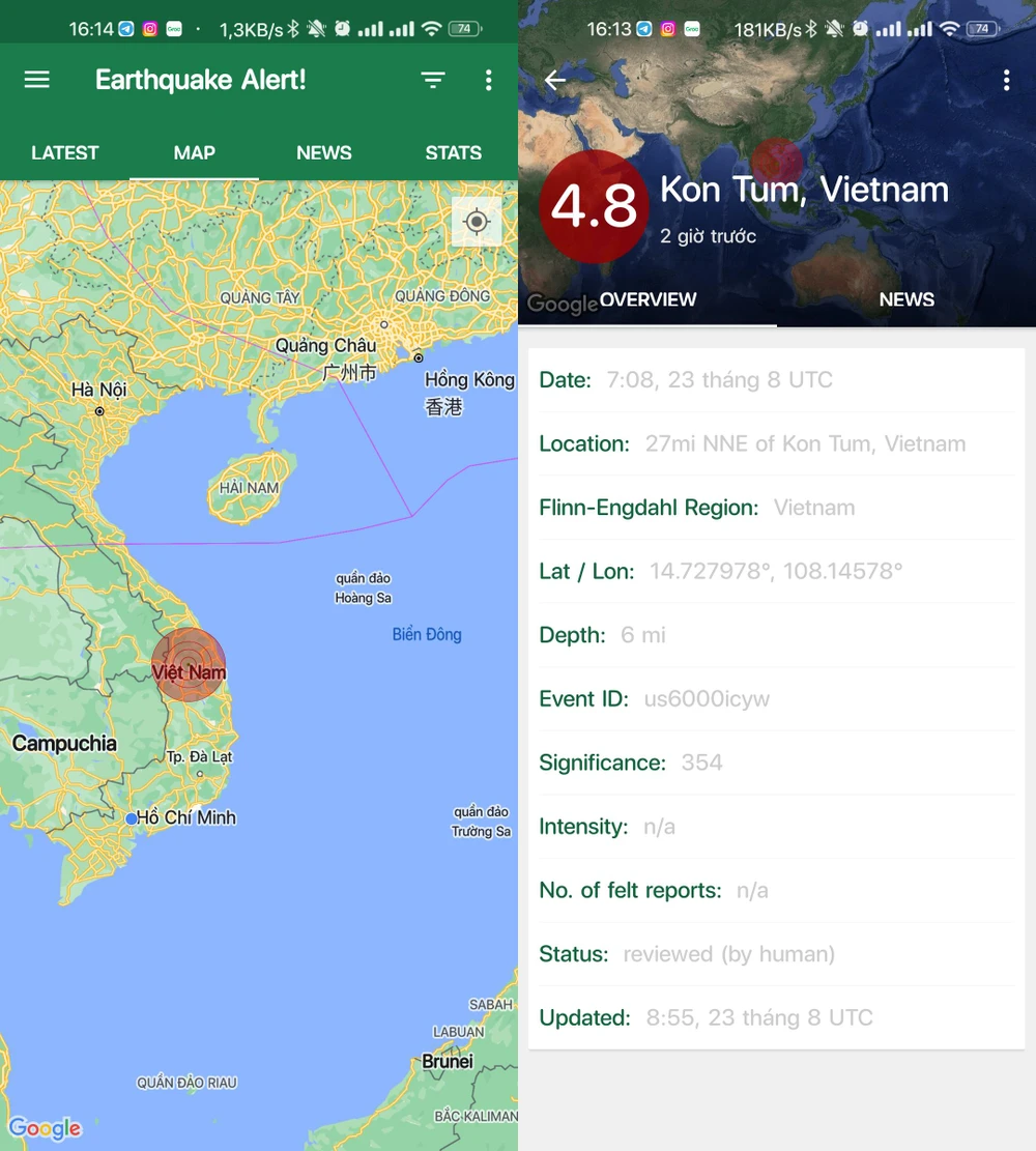 Ứng dụng hiển thị thông tin các trận động đất trên toàn thế giới. Ảnh: TIỂU MINH