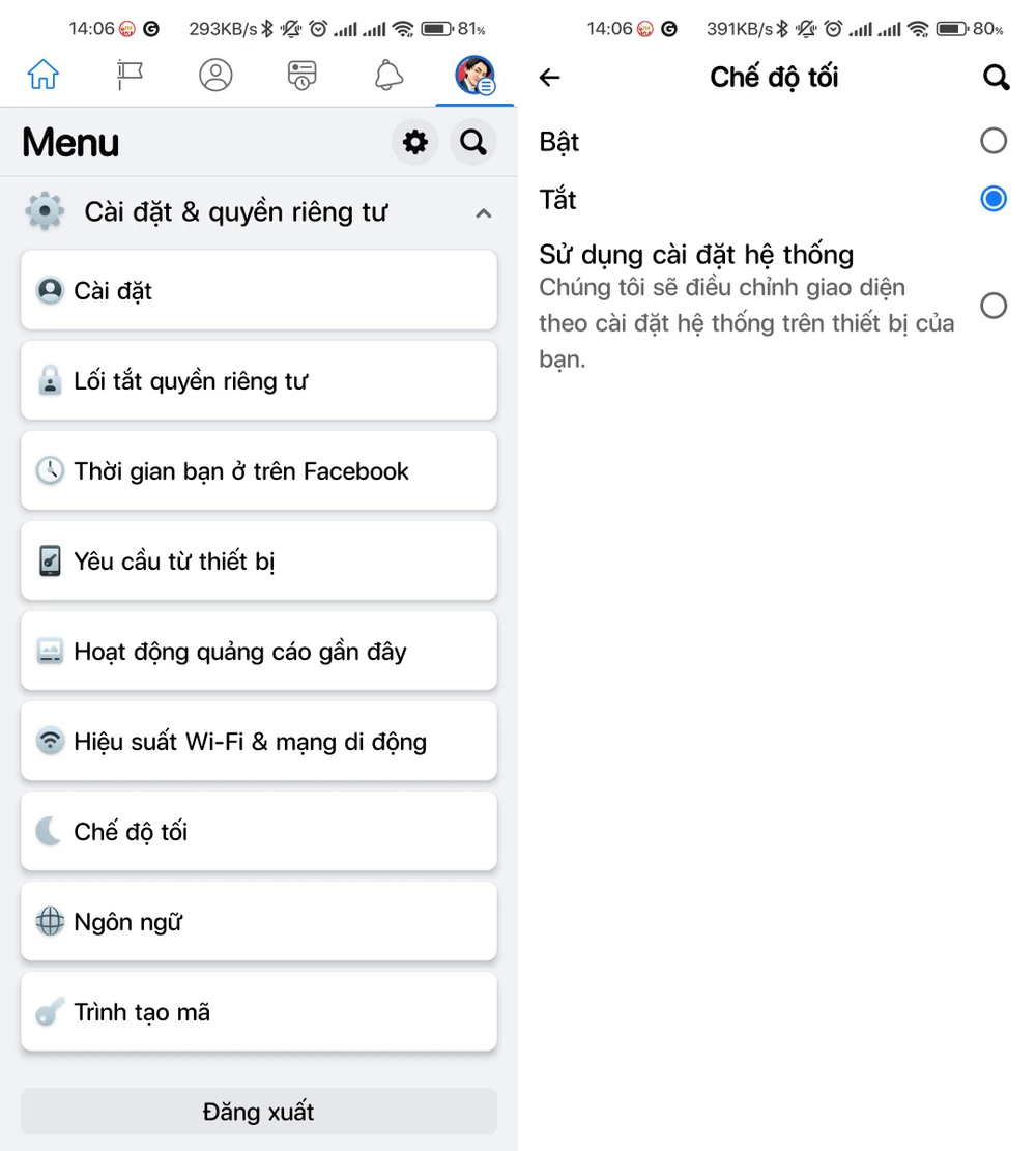 Kích hoạt chế độ tối trên Facebook. Ảnh: MINH HOÀNG