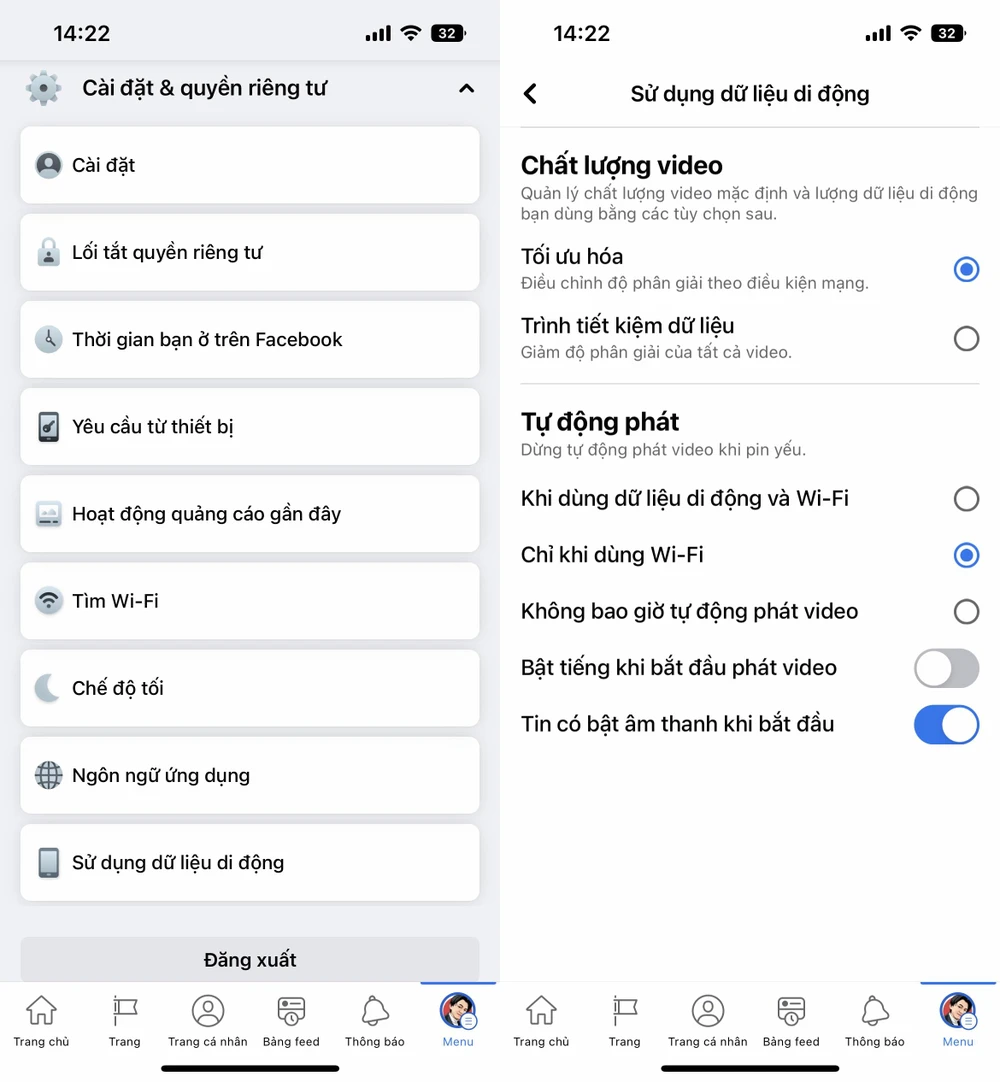 Bật tính năng tiết kiệm dữ liệu di động trên Facebook. Ảnh: MINH HOÀNG