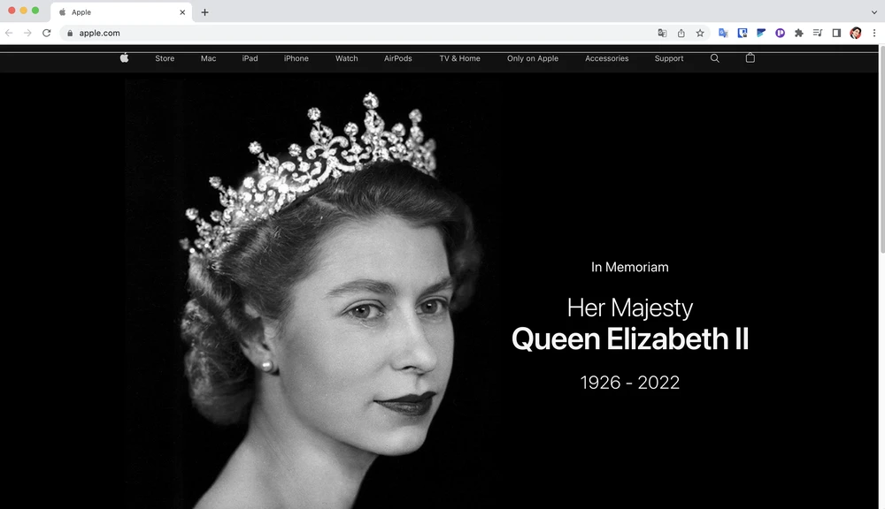 Apple đổi giao diện trang chủ để tưởng nhớ Nữ hoàng Elizabeth II. Ảnh: TIỂU MINH