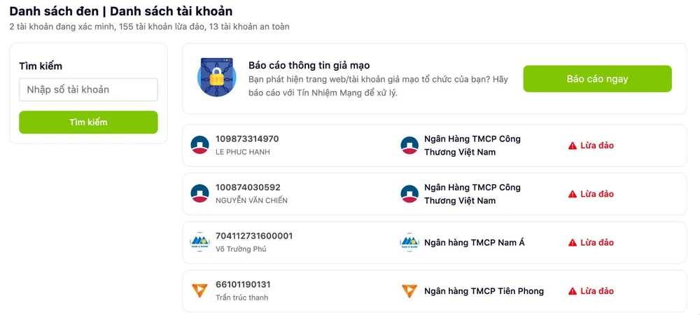 Cách tra cứu các số tài khoản lừa đảo. Ảnh: TIỂU MINH