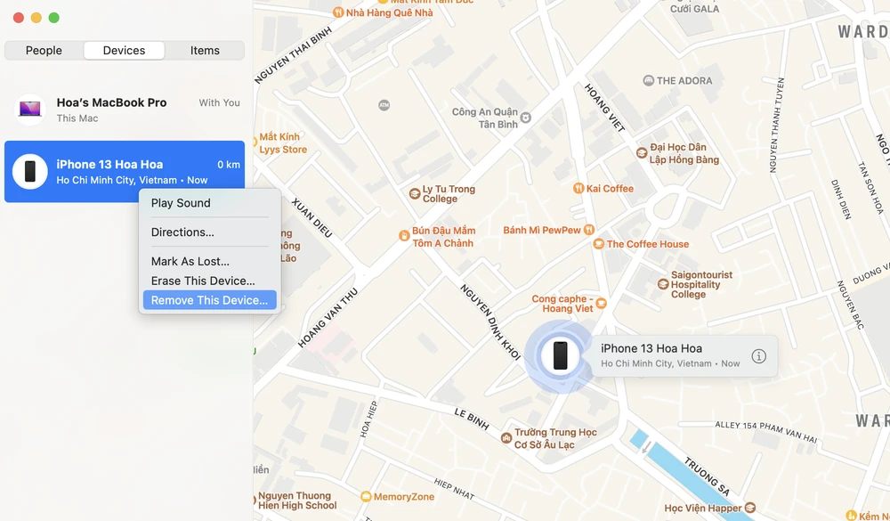 Gỡ iPhone khỏi tài khoản Apple ID bằng ứng dụng Find My trên Mac. Ảnh: MINH HOÀNG
