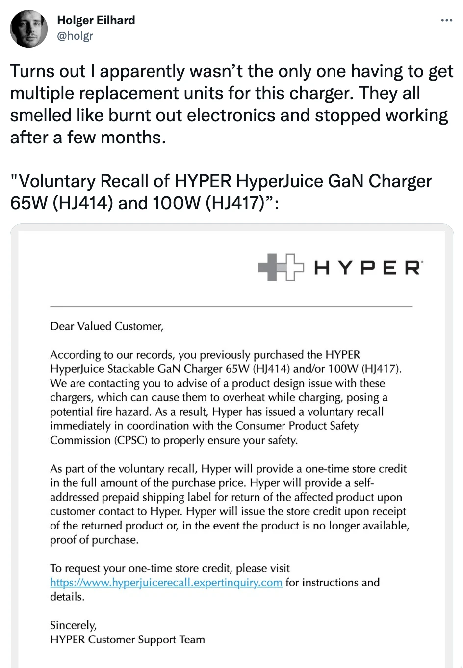 Hyper gửi email trực tiếp cho người dùng để thu hồi sản phẩm. Ảnh: TIỂU MINH