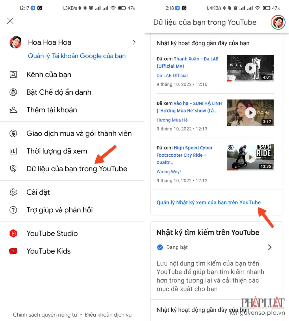 Quản lý nhật ký xem của bạn trên YouTube. Ảnh: MINH HOÀNG