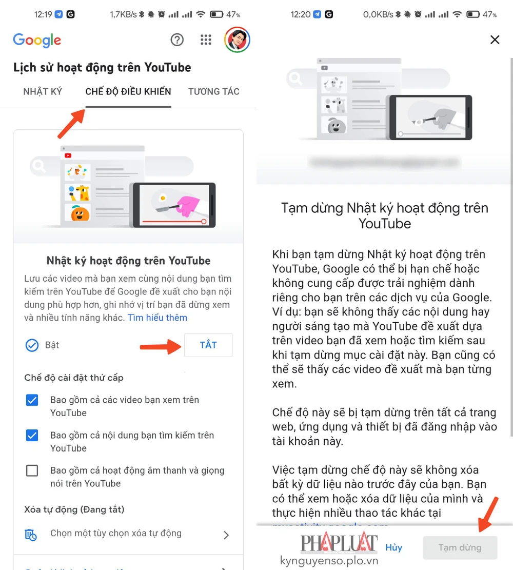 Tắt tính năng theo dõi hoạt động của YouTube. Ảnh: MINH HOÀNG