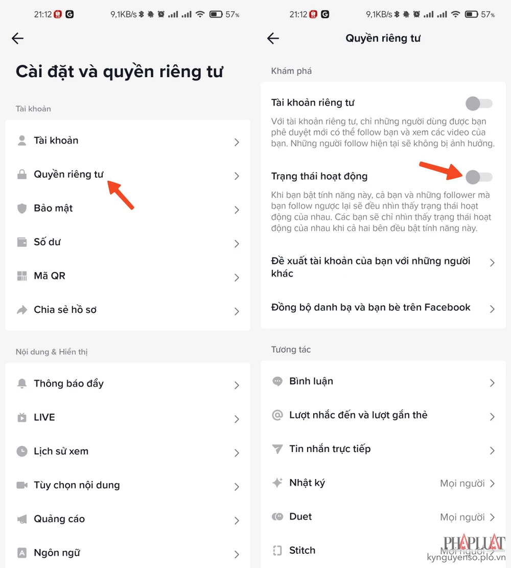 Tắt tùy chọn Trạng thái hoạt động nếu muốn ẩn mình trên TikTok. Ảnh: MINH HOÀNG