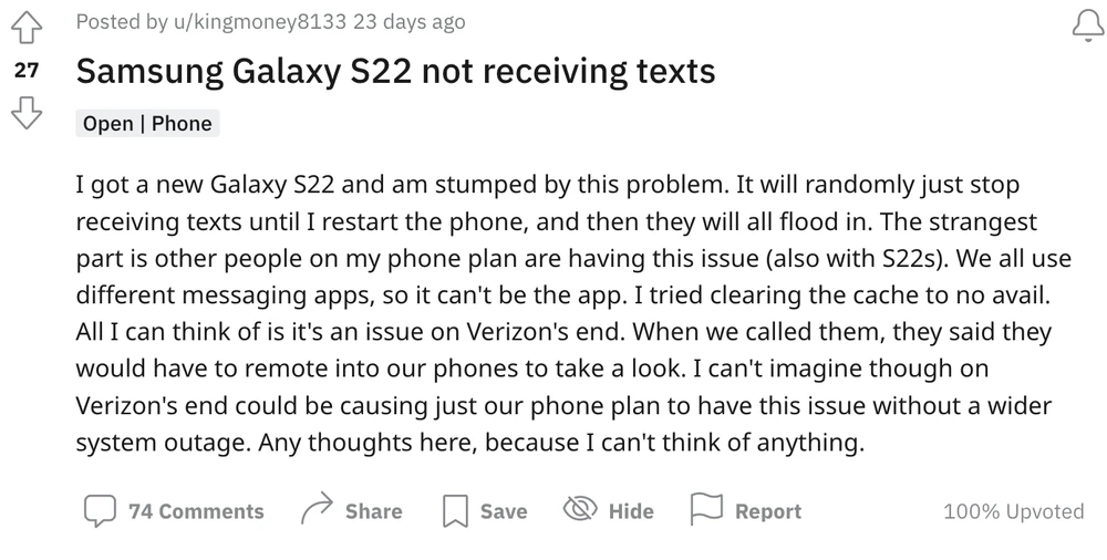 galaxy-s22-khong-nhan-duoc-tin-nhan Nhiều người dùng than phiền về sự cố không nhận được tin nhắn trên Galaxy S22 series. Ảnh: TIỂU MINH