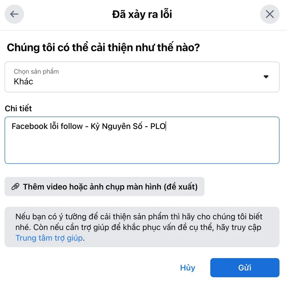 Gửi báo cáo sự cố mất follow cho Facebook. Ảnh: MINH HOÀNG