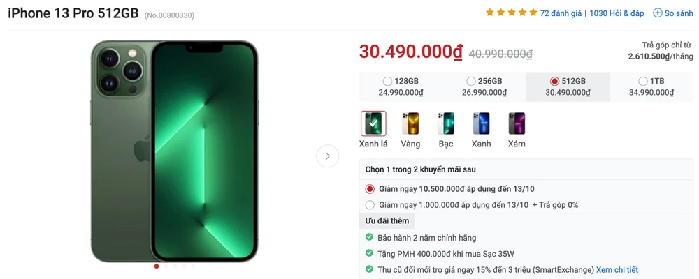 gia-ban-iphone-13-pro-512-gb iPhone 13 Pro 512 GB hiện chỉ còn 30,49 triệu đồng. Ảnh: TIỂU MINH