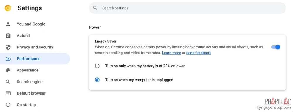 Bật tính năng tiết kiệm pin trên Google Chrome. Ảnh: MINH HOÀNG
