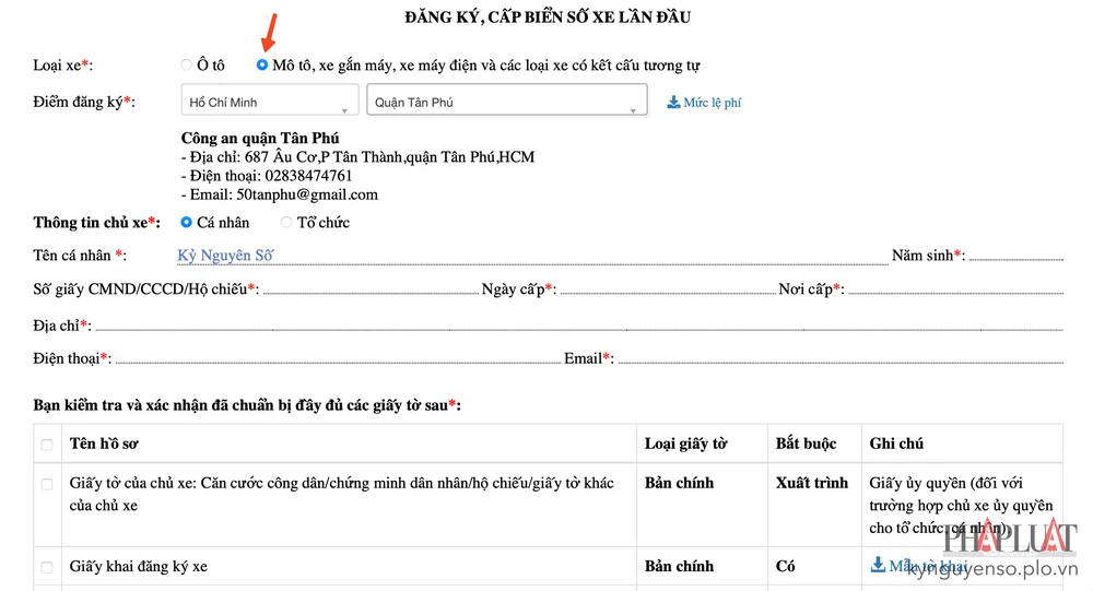 Lựa chọn loại xe và khai báo đầy đủ thông tin cần thiết. Ảnh: MINH HOÀNG