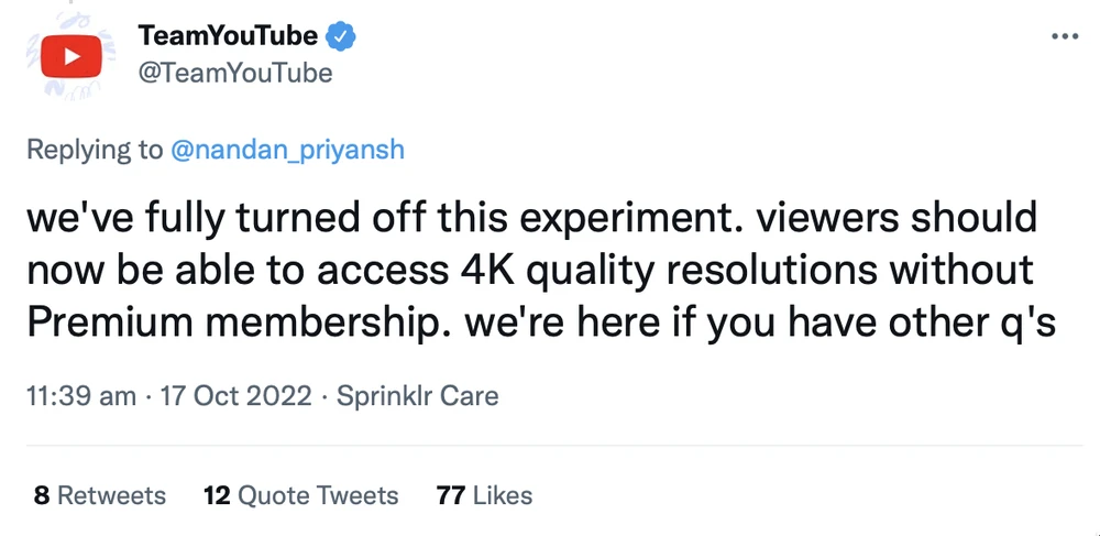 YouTube xác nhận ngừng thử nghiệm thu phí nội dung 4K. Ảnh: TIỂU MINH