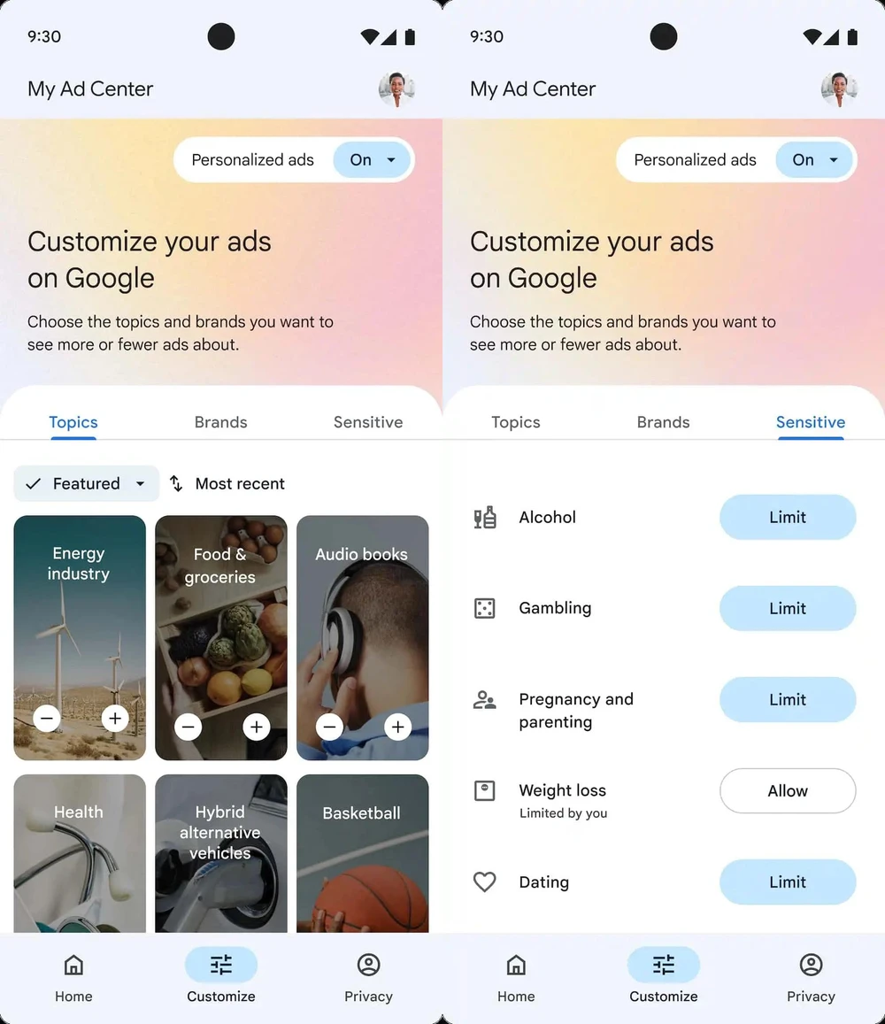 Hạn chế các chủ đề quảng cáo không mong muốn. Ảnh: Google
