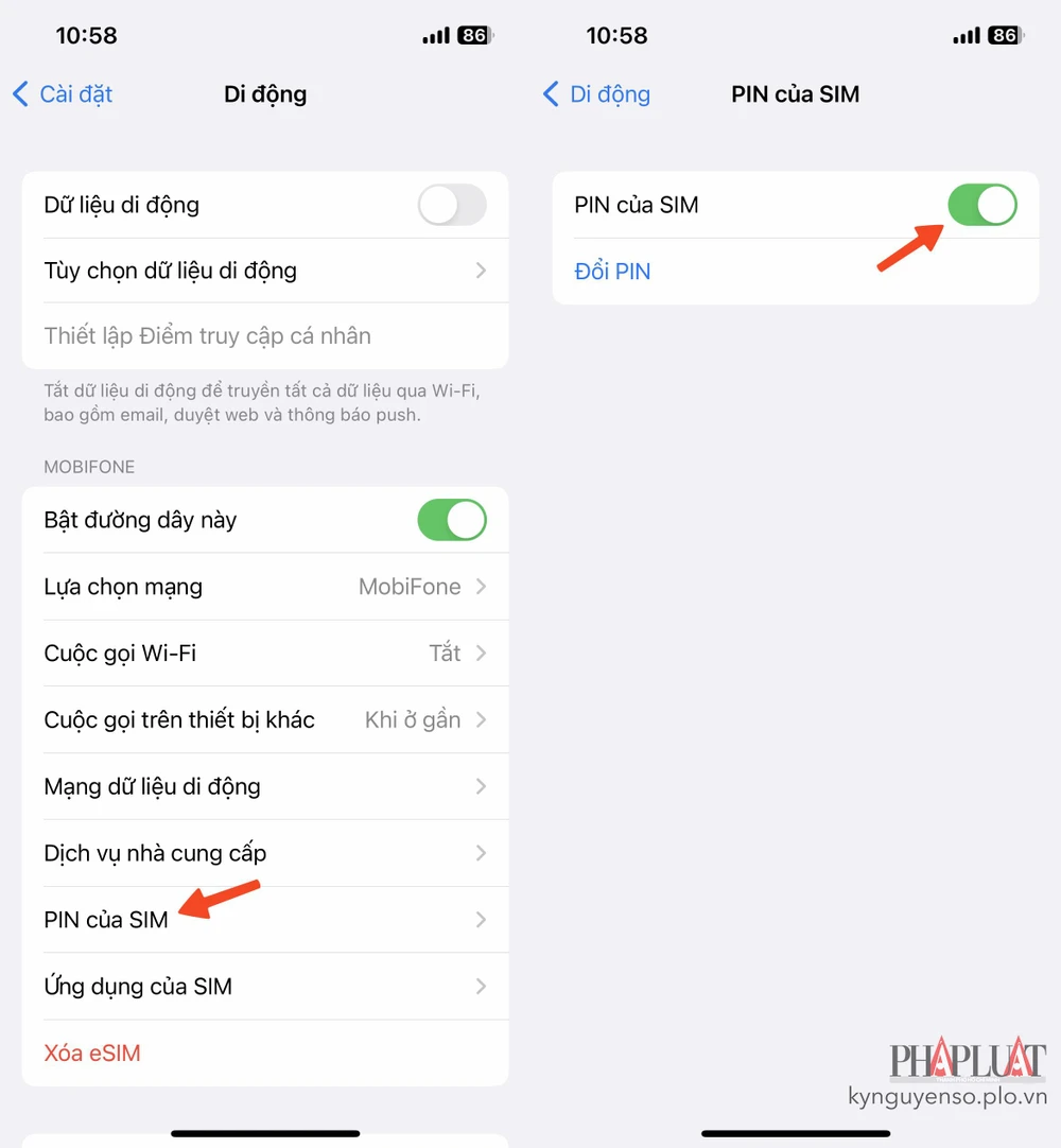 Đặt mã PIN cho SIM trên iPhone. Ảnh: MINH HOÀNG