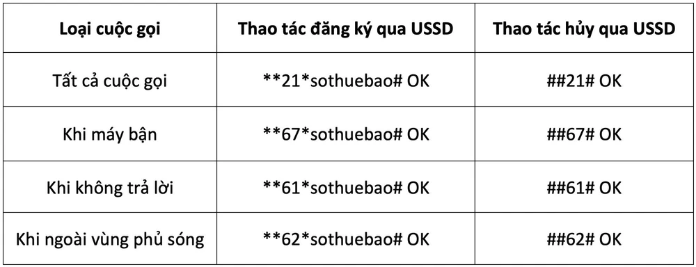 Cú pháp đăng ký và hủy chuyển hướng cuộc gọi trên điện thoại. Ảnh: MINH HOÀNG