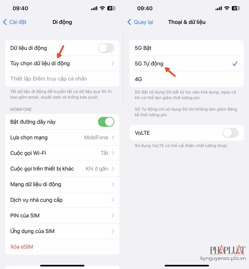 bat-4g-tren-iphone Bật kết nối 4G hoặc 5G trên iPhone. Ảnh: MINH HOÀNG