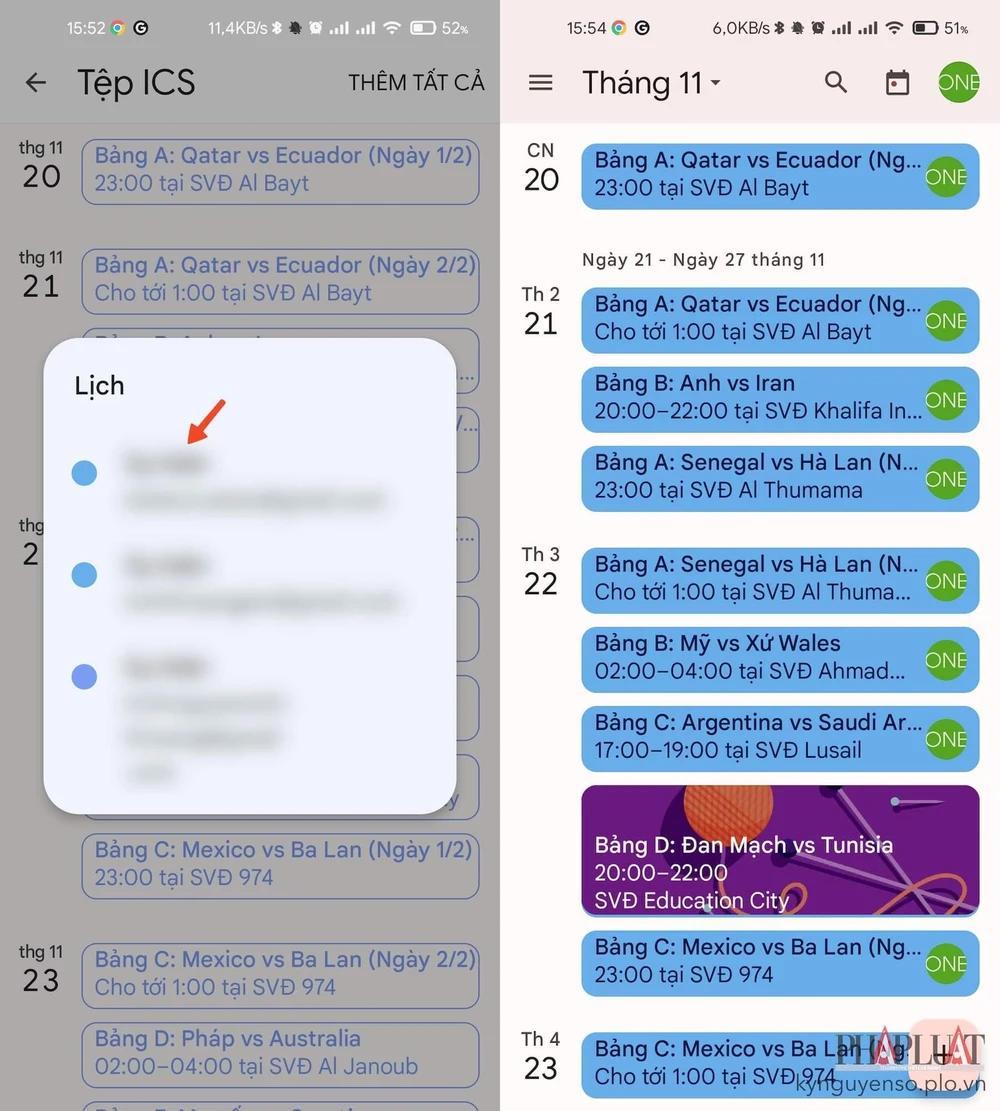 Thêm lịch thi đấu World Cup 2022 vào ứng dụng lịch trên Android . Ảnh: MINH HOÀNG