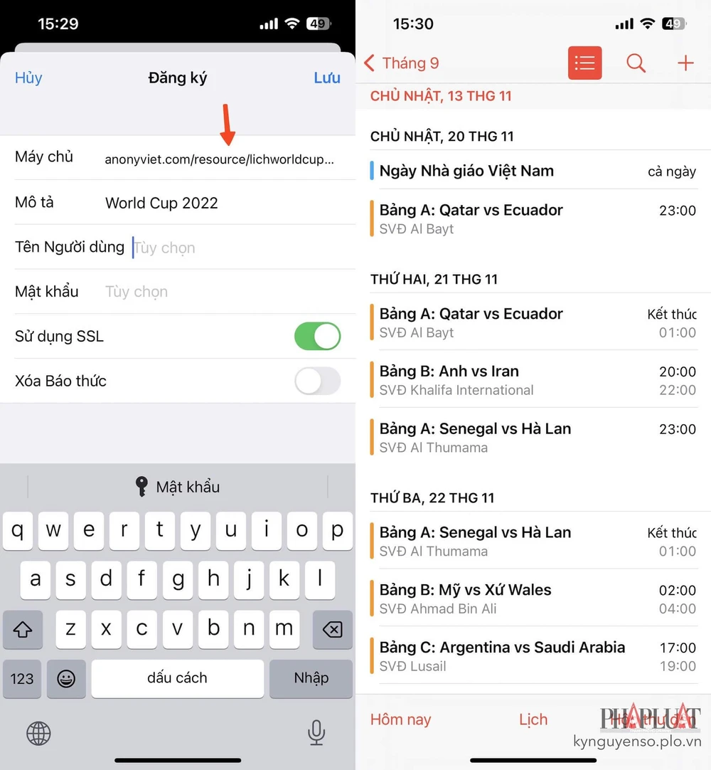 Lịch thi đấu World Cup 2022 đã được thêm vào ứng dụng Calendar (lịch) trên iPhone. Ảnh: MINH HOÀNG