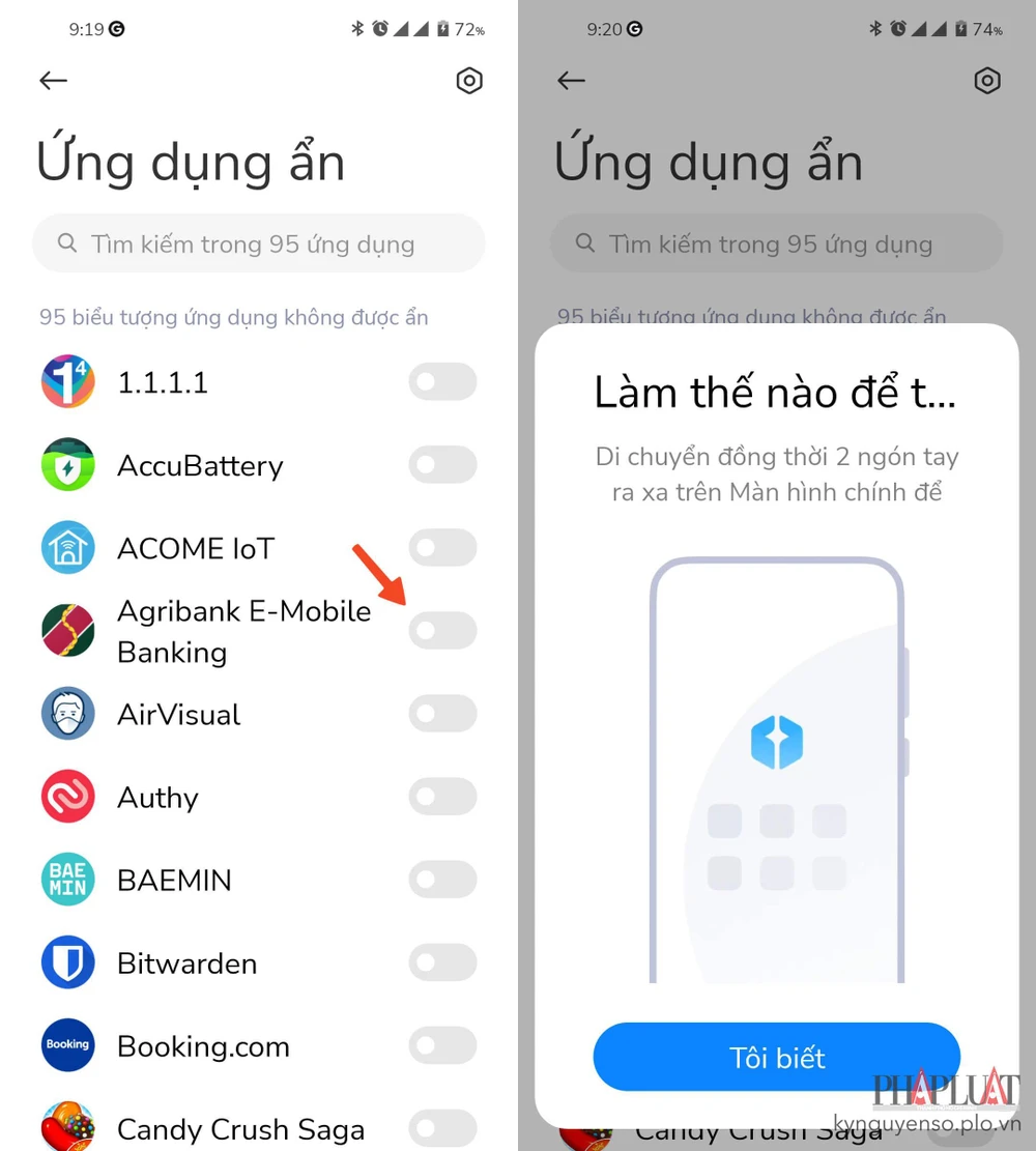 Chọn các ứng dụng cần ẩn khỏi màn hình. Ảnh: MINH HOÀNG